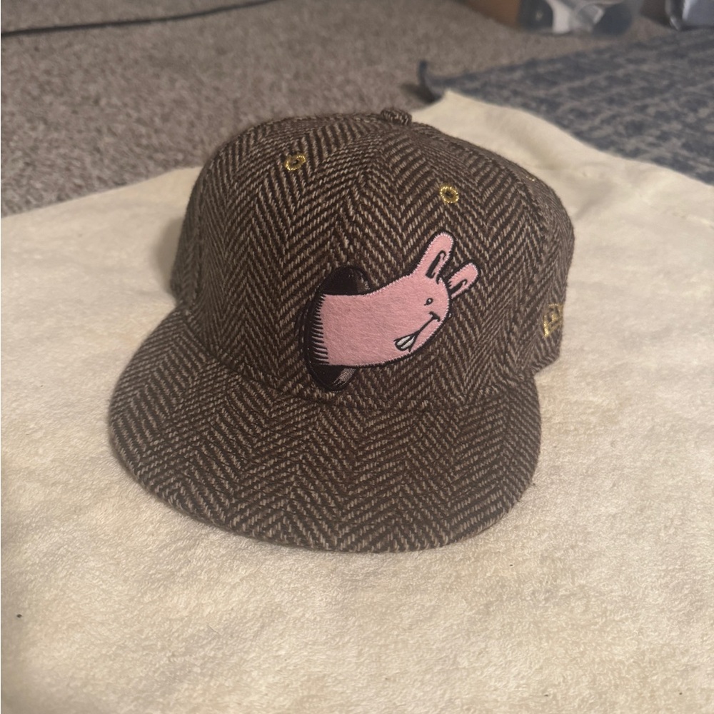 Brown Herringbone Kids Cap with Pink Hippo Design